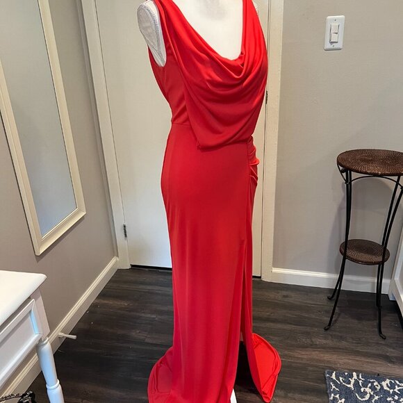 BGBGMaxAzria "Lena" Orange/Red Draped front, Cowl Open Back Gown, Size Small - Picture 8 of 16